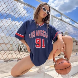 Camiseta holgada de mujer con cuello en V estilo urbano Los Ángeles