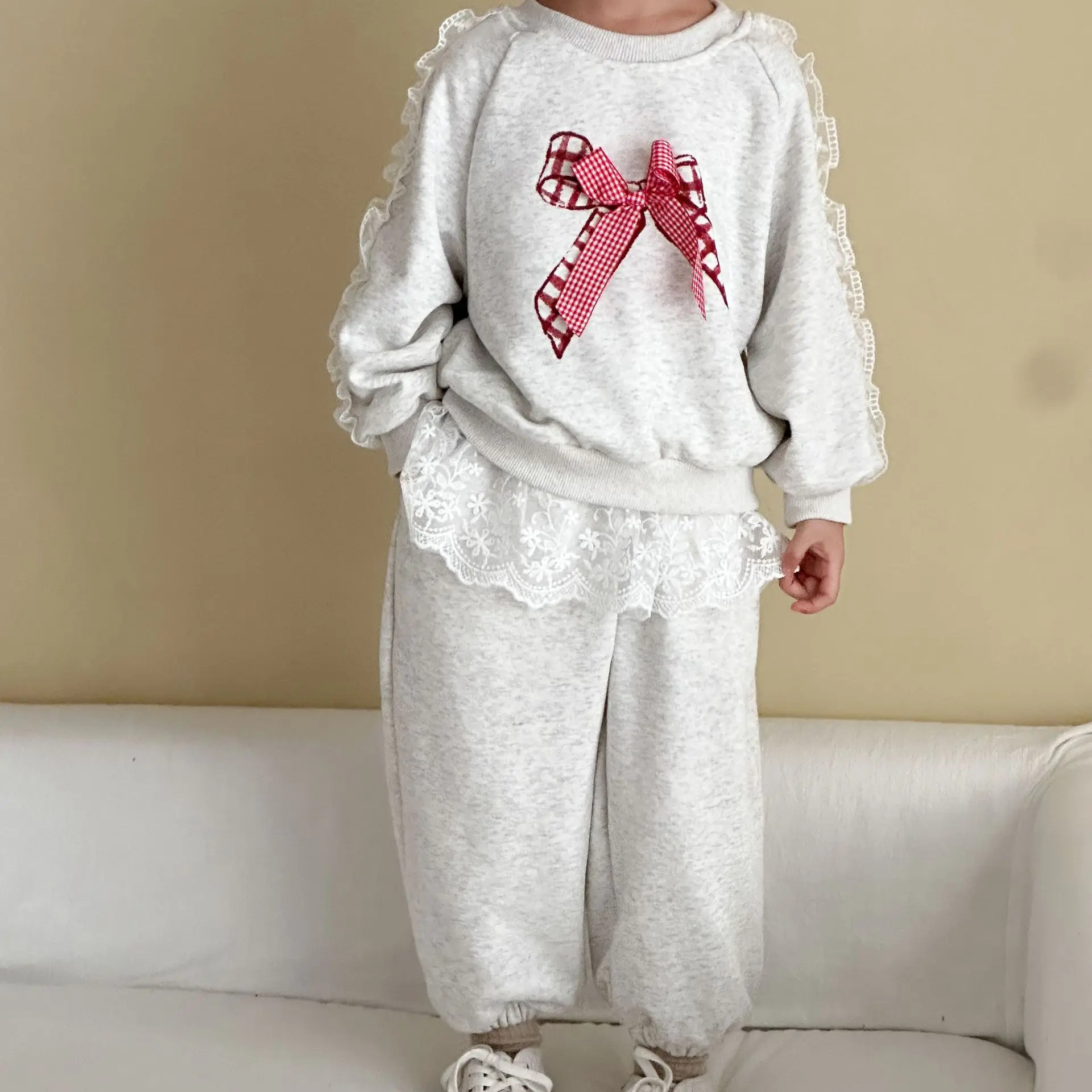 Conjunto niña manga larga gris lazo encaje estilo coreano otoño - imagen 5