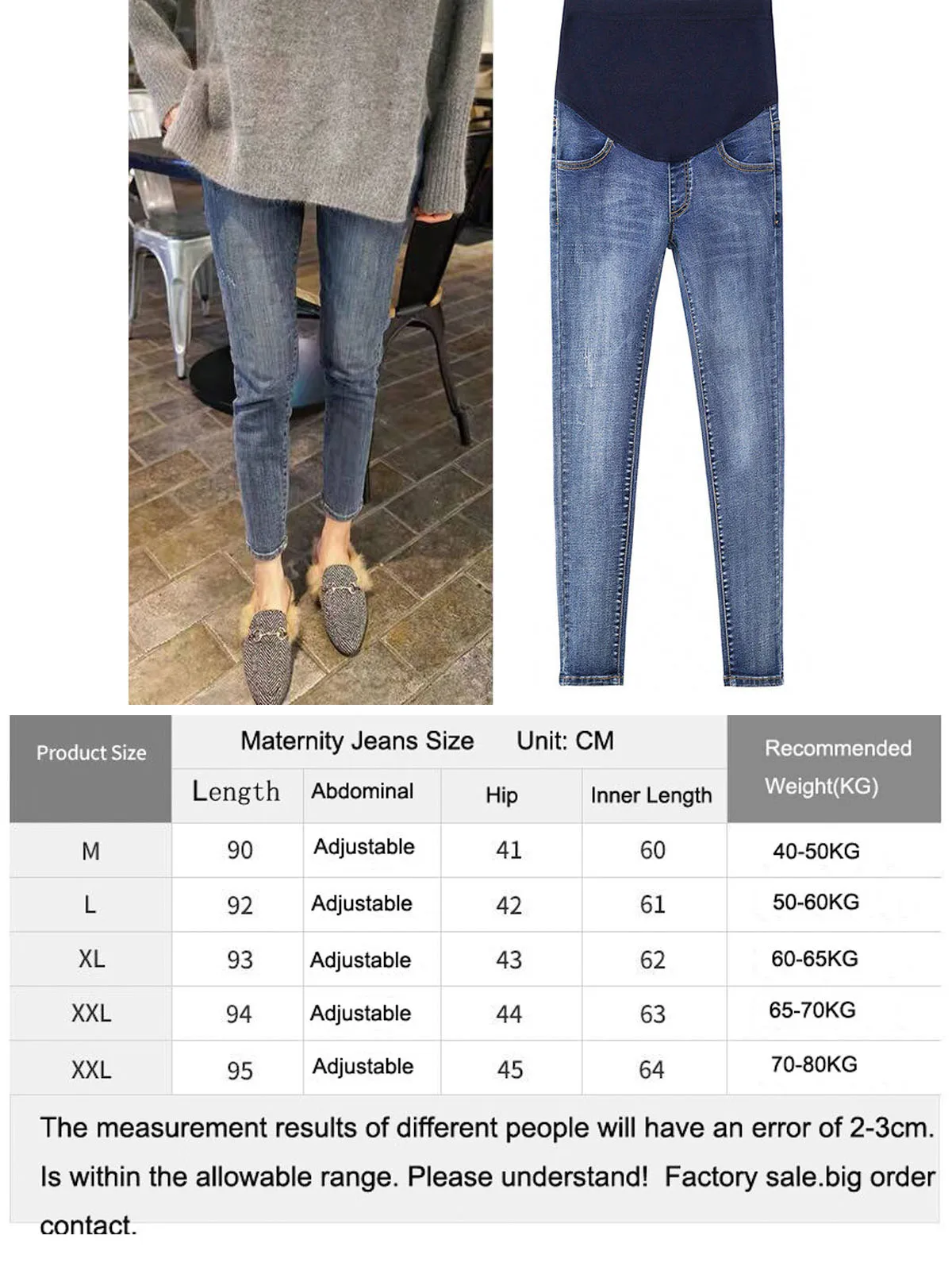 Vista frontal de los pantalones vaqueros de maternidad azul cielo