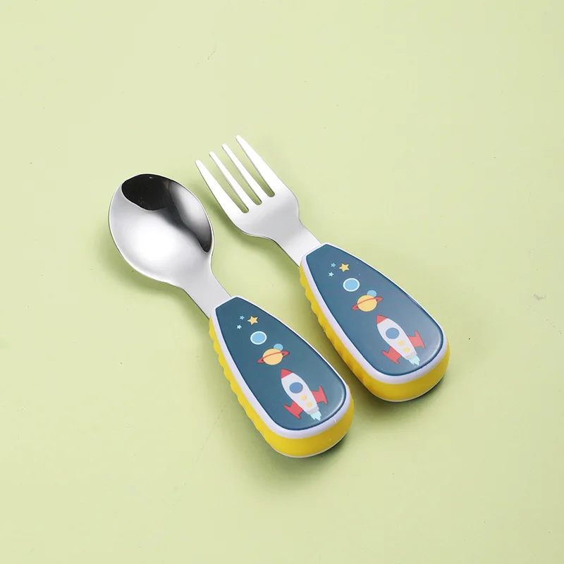 Cubiertos infantiles de acero con mango corto para aprender a comer