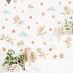 Pegatinas de pared florales con pájaros estilo acuarela infantil