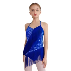 Vestido de baile latino sin mangas para niñas con borlas y diamantes