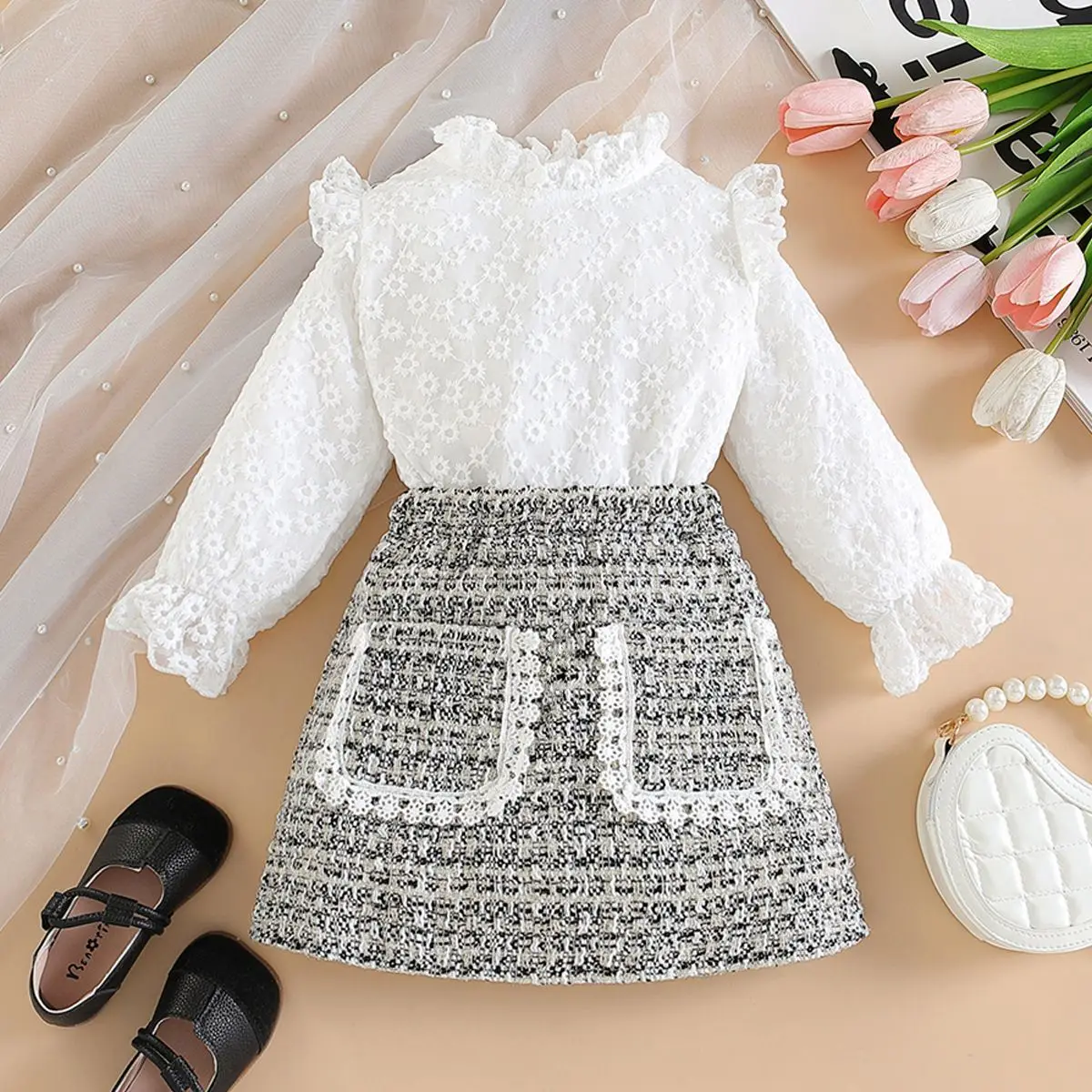 Conjunto 2 piezas niños primavera otoño camiseta bordado falda cuadros - imagen 3