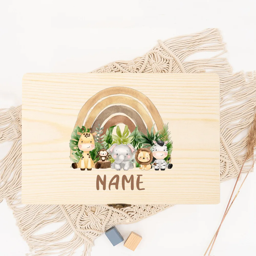 Caja de recuerdos bebé madera personalizada Animal del Bosque Arcoíris - imagen 4