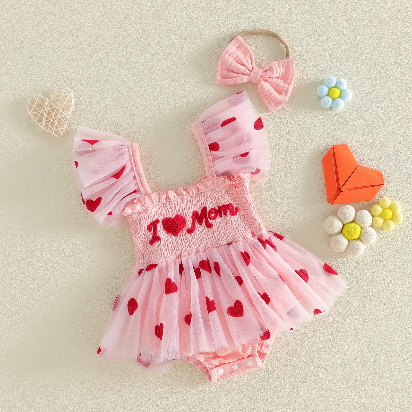 Conjunto bebé niña vestido de tul con diadema lazo corazón - imagen 5