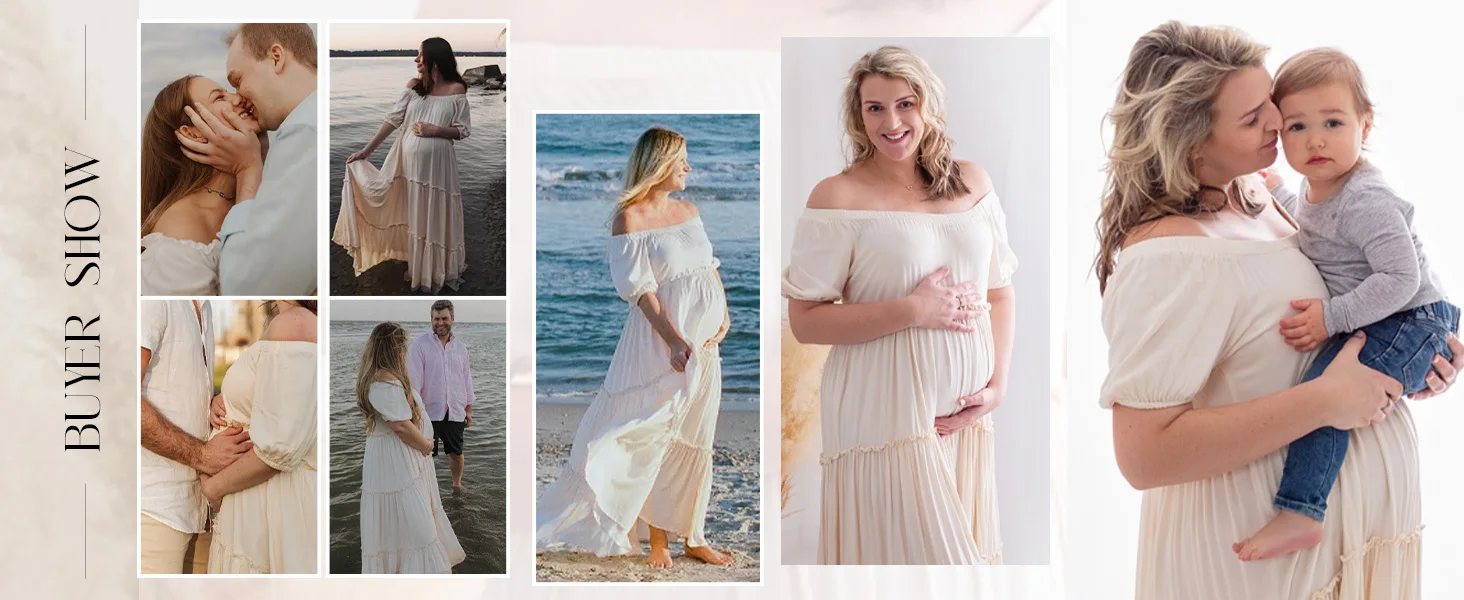 Vestido boho fuera del hombro para sesión de maternidad - vista frontal