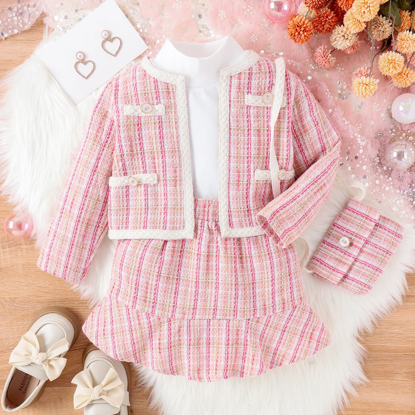 Abrigo de estilo tweed rosa a cuadros para niña