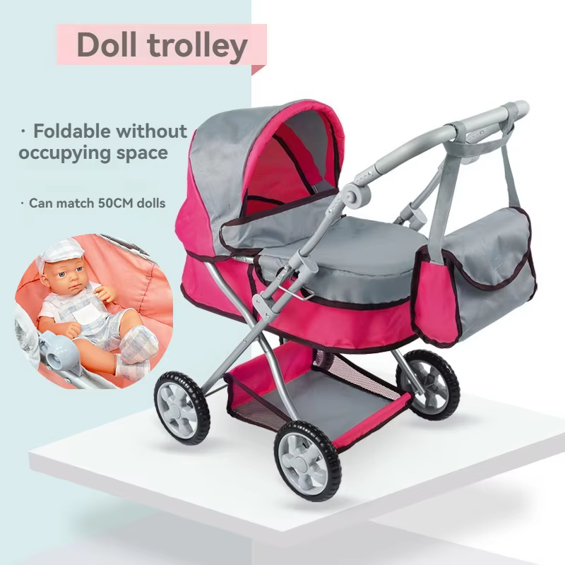 Cochecito de muñeca plegable con mango ajustable y dosel retráctil - imagen 5
