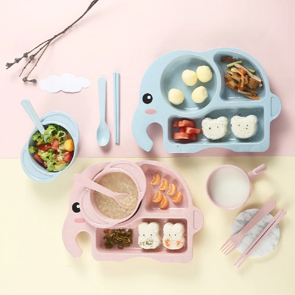 Cubiertos térmicos para bebé con plato elefante y cuenco