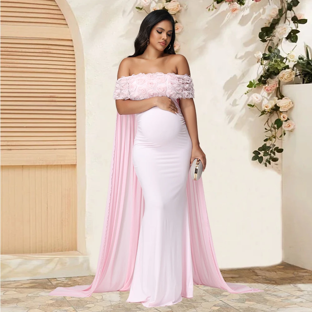 Vestido maternidad floral hombros al aire capa malla maxi Baby Shower - imagen 5