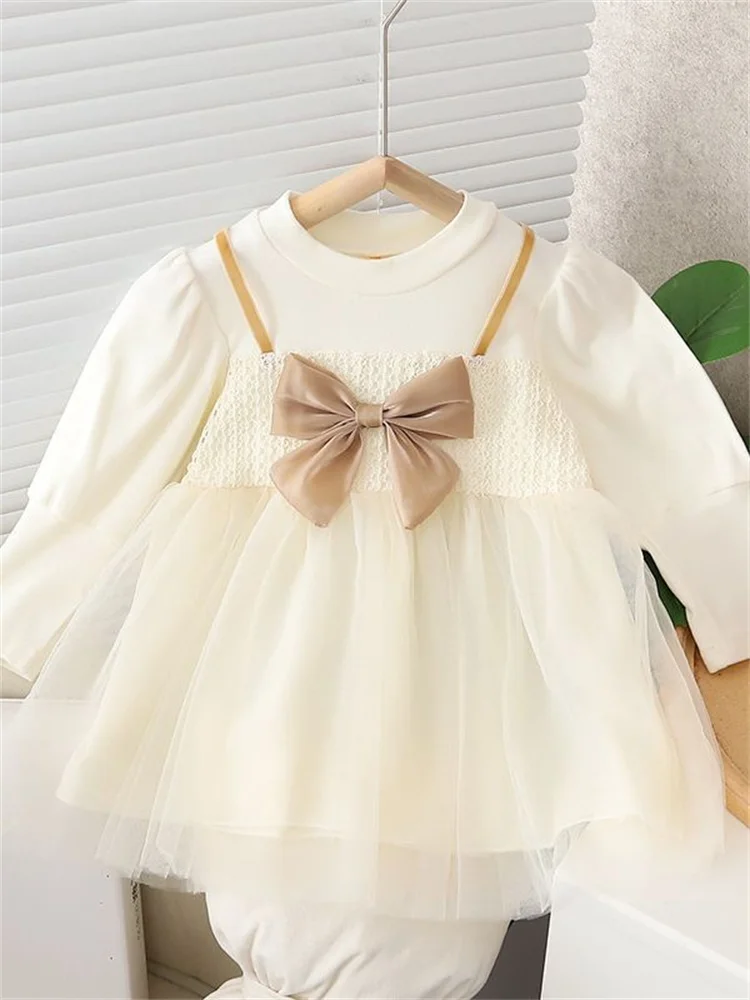 Vestido de algodón con lazo de encaje para niña
