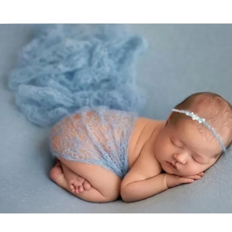 Kit fotografía newborn con envoltura mohair y diadema de perlas bebé - imagen 2