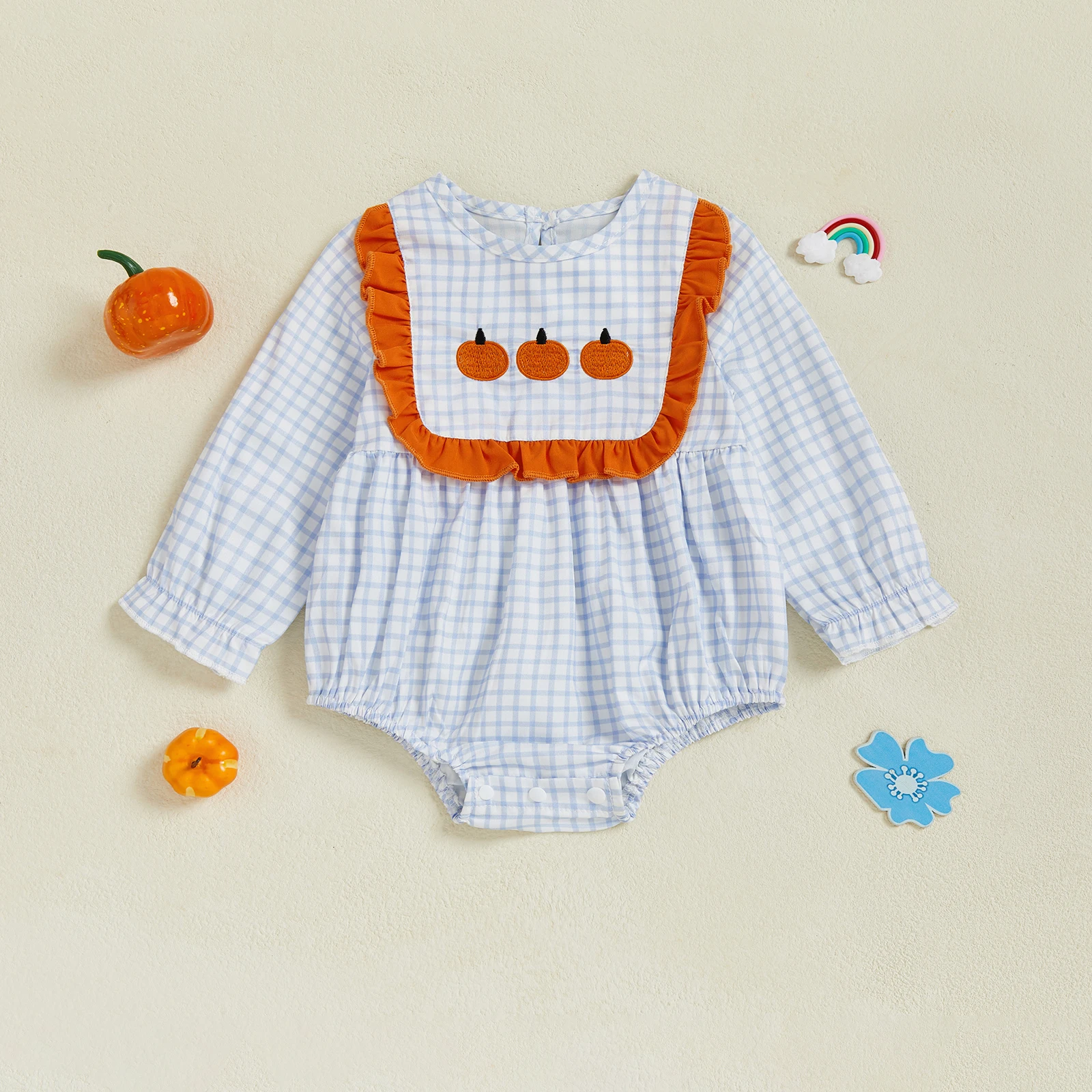 Body bebé de calabaza bordada, manga larga y cuello redondo casual