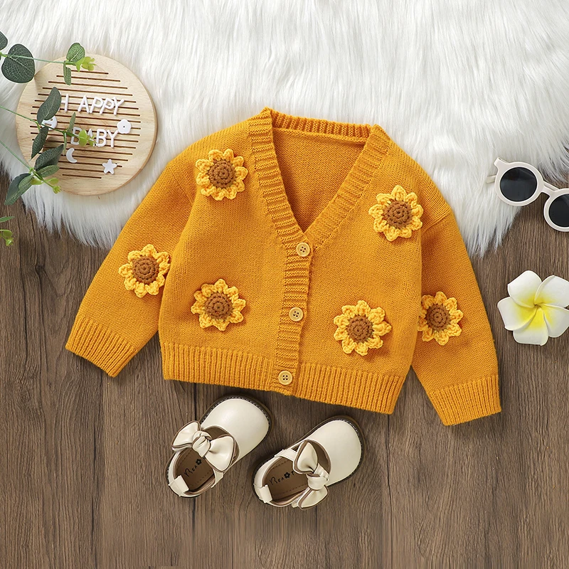 Cárdigan de punto manga larga para bebé niña otoño - Estilo girasol 3D