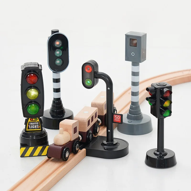 Semáforo de juguete de madera con luz y sonido para tren