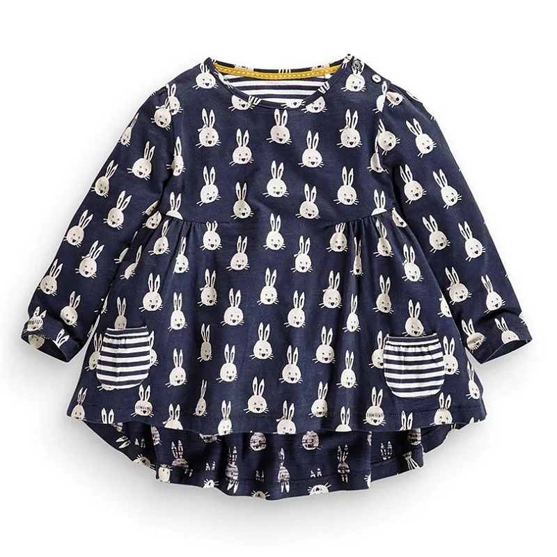 Vestido de algodón elástico para niñas – Manga larga con conejo azul - imagen 3