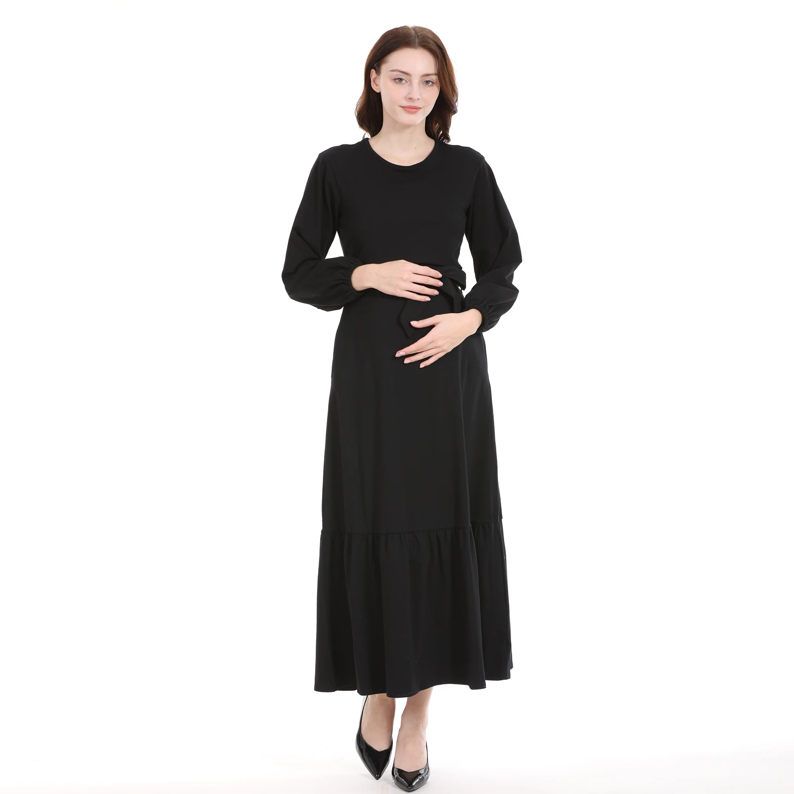 Vestido de lactancia largo plisado liso para primavera y otoño