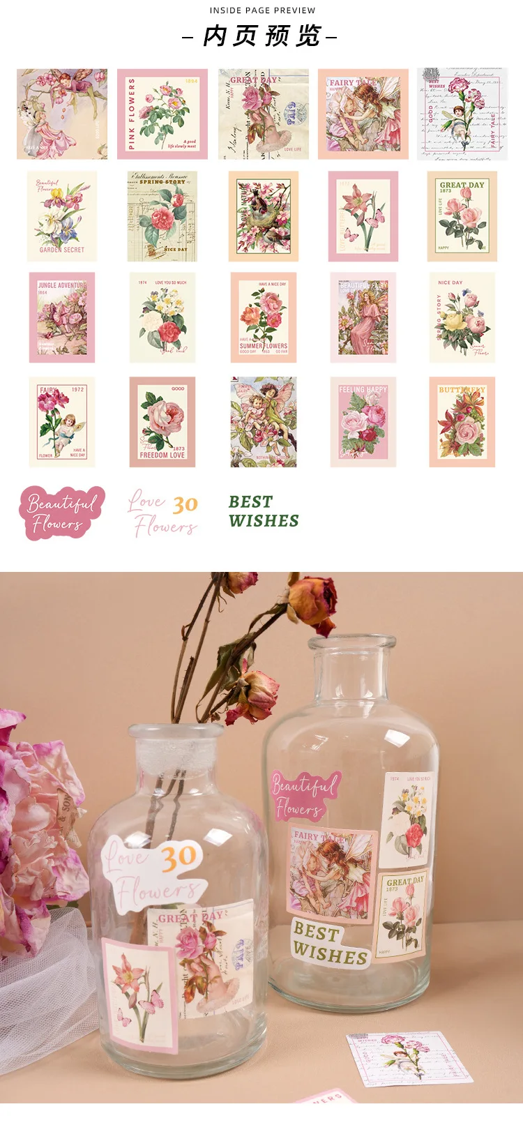 Aplicación de pegatinas florales en papel y cartulina
