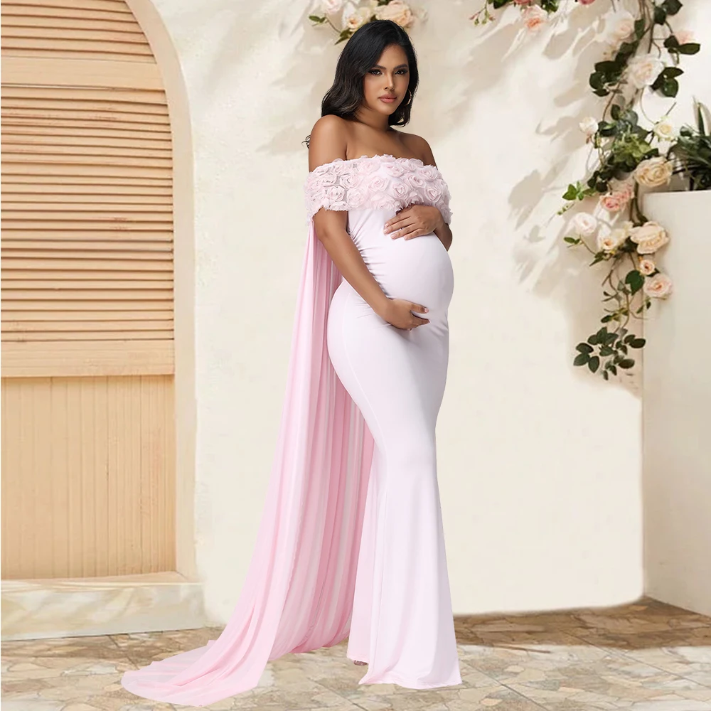 Vestido maternidad floral hombros al aire capa malla maxi Baby Shower - imagen 3