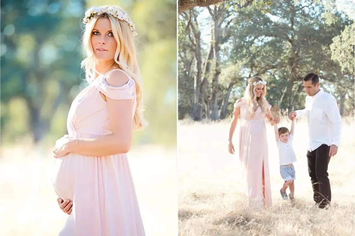 Vestido premamá largo con abertura frontal para sesión de fotos