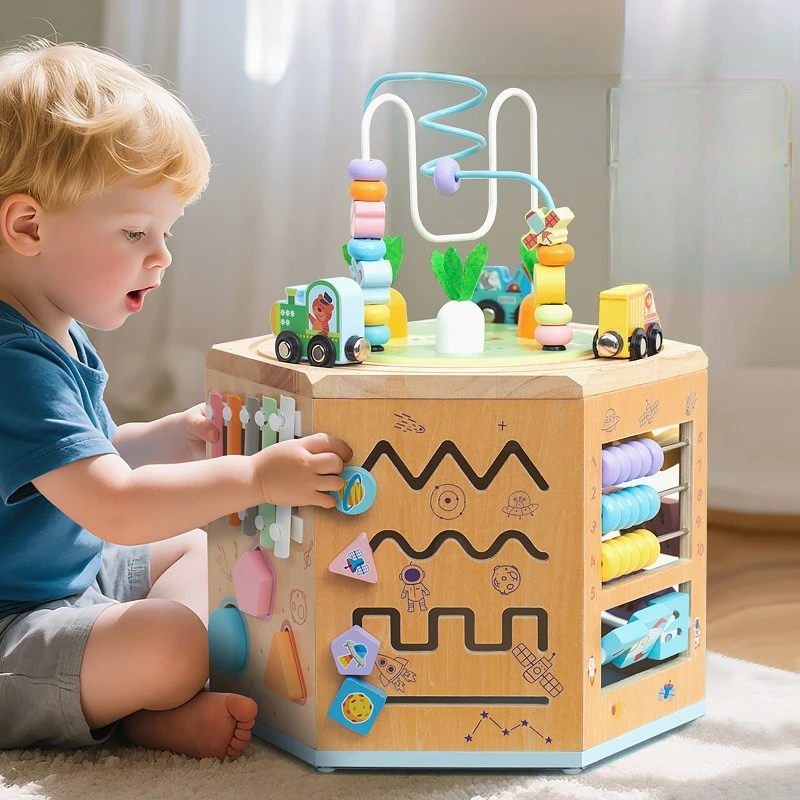 Cubo de actividades de madera Montessori con laberinto de cuentas - imagen 2