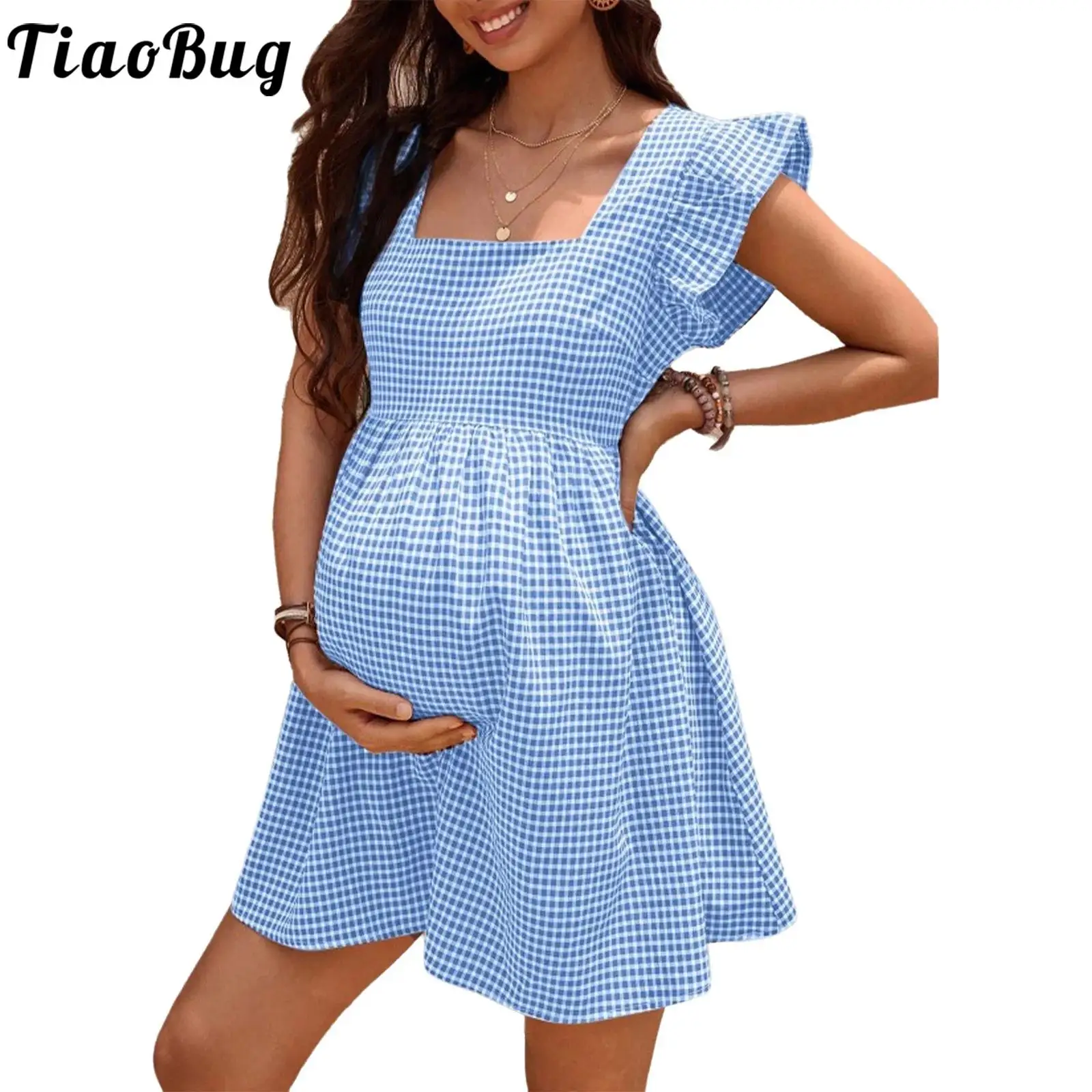 Vestido premamá de cuadros con volantes, manga corta, cuello cuadrado - imagen 2