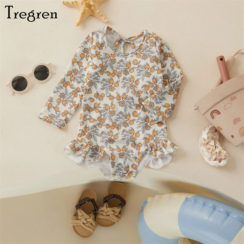 Tregren Bañador manga larga niña estampado floral con volantes - imagen 4
