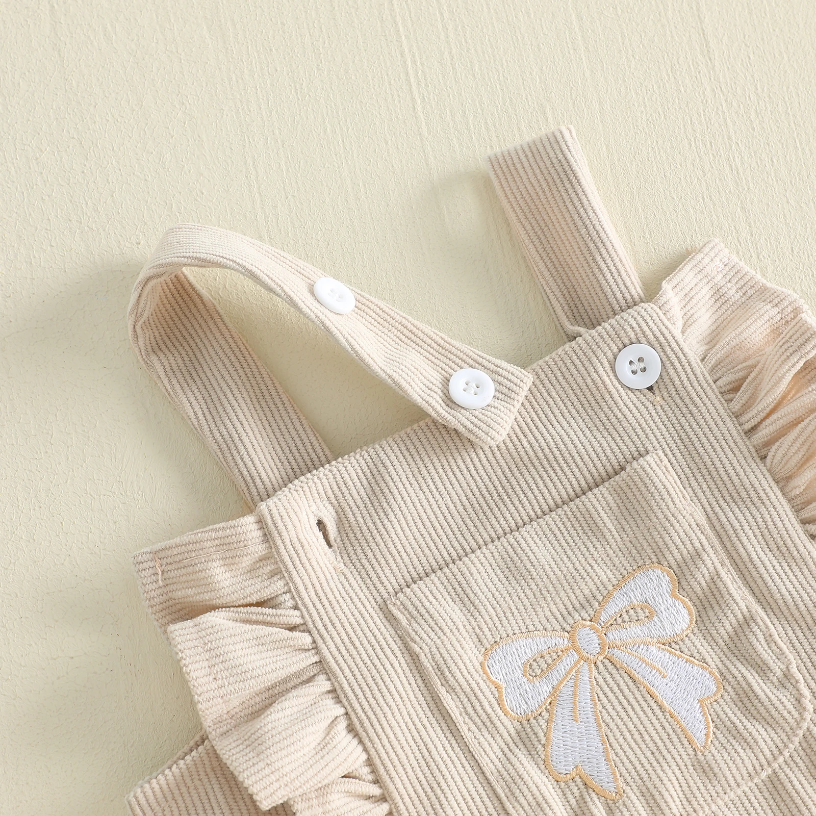 Vestido de pana con tirantes para bebé niña: lazo bordado y volantes