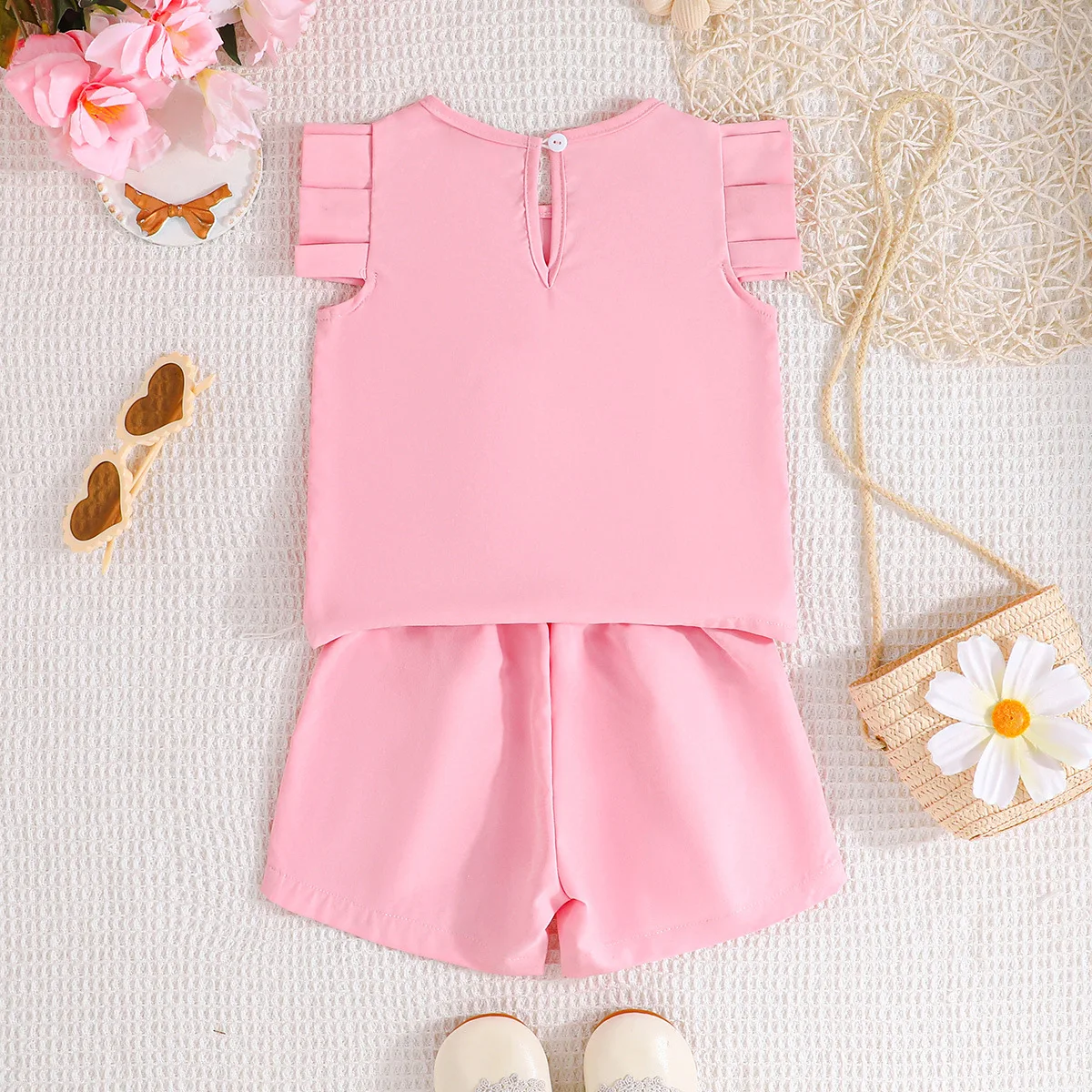 Conjunto de verano para niñas: top rosa sin mangas y pantalones cortos - imagen 4