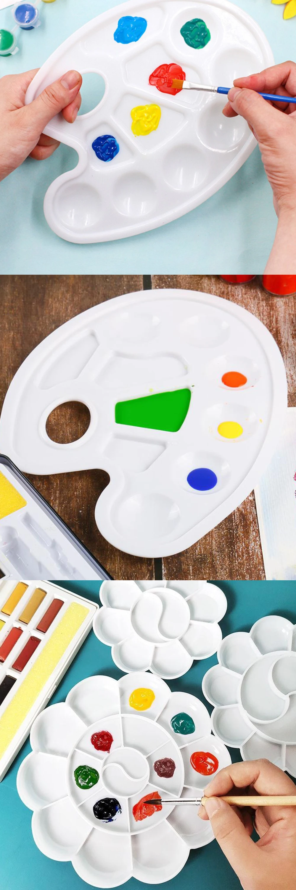 Paleta de pintura en plástico blanco, pie de flor y forma cuadrado redondo