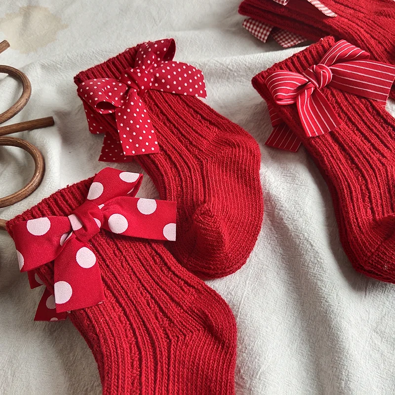 Calcetines con lazo rojo algodón – Invierno Navideños para niñas 0-8 años