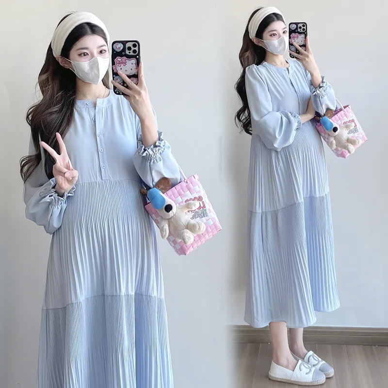 Vestido premamá largo estilo franco coreano corte V suelto para otoño - imagen 5