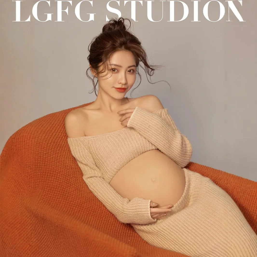 Omen vestido de maternidad falda y top punto caqui para fotos estudio - imagen 3