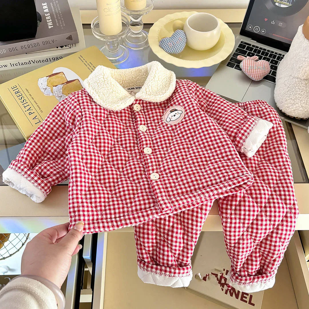 Abrigo de bebé acolchado de algodón a cuadros con pantalón grueso - imagen 4
