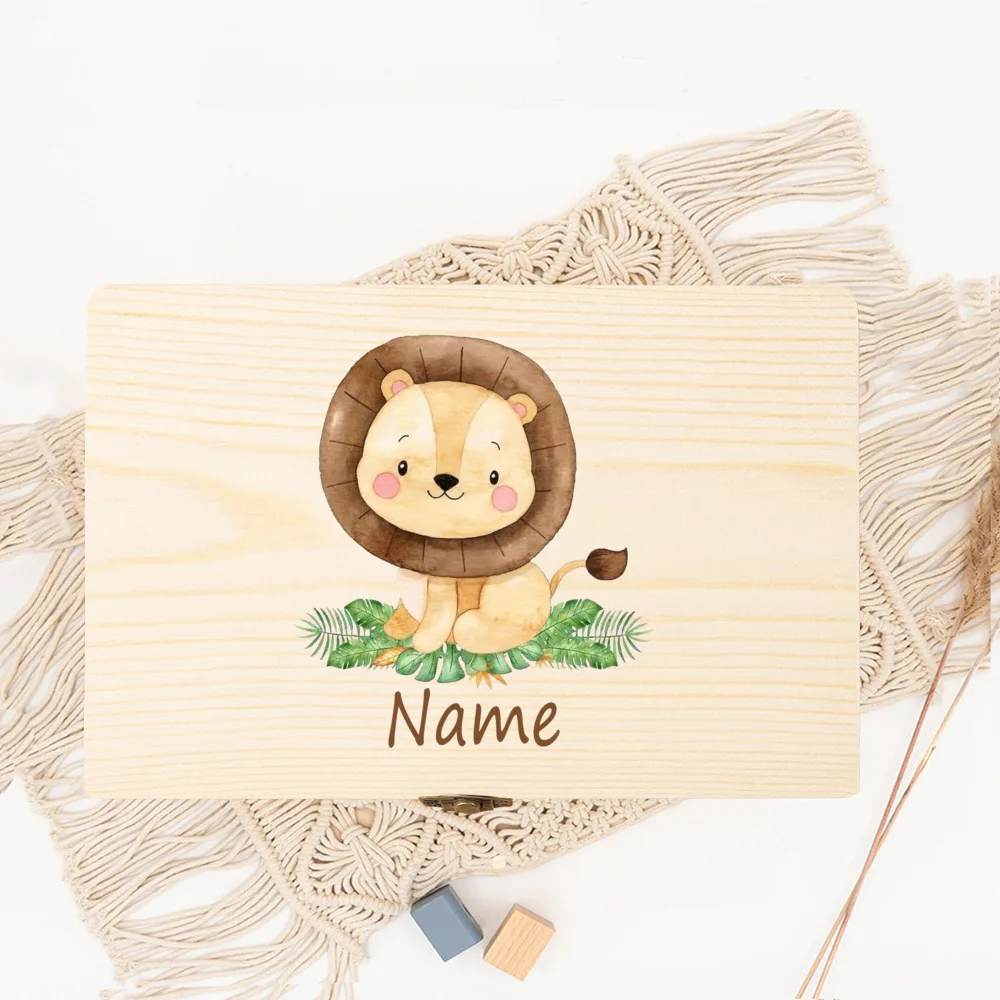 Caja de madera personalizada con estampado de animales para bebé