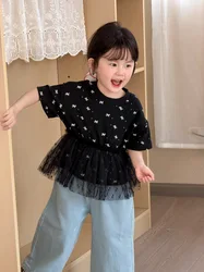 Camiseta de malla con lazo para niña – Manga corta estilo coreano