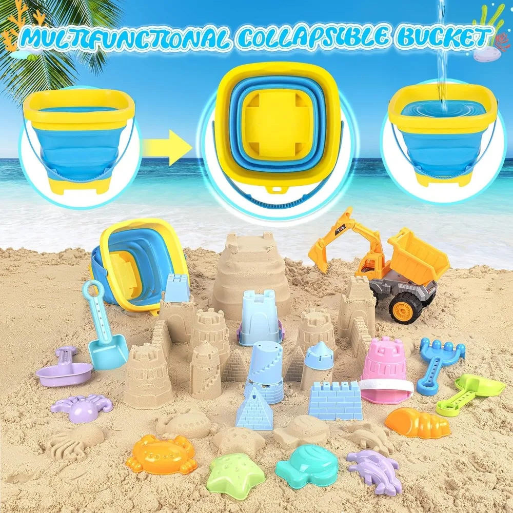 Cubo de arena plegable para niños pequeños con excavadora y moldes - imagen 4