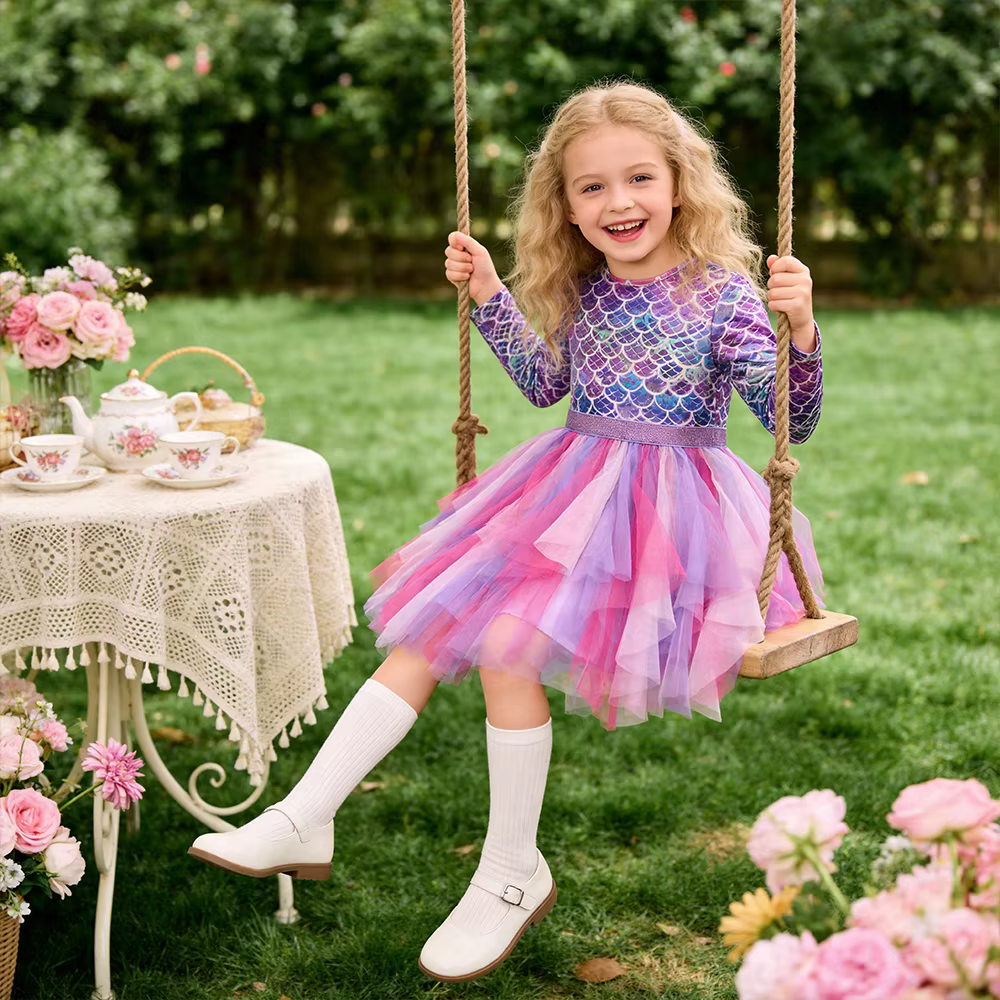 DXTON Vestido de sirena para niña con tela suave y brillos - imagen 5