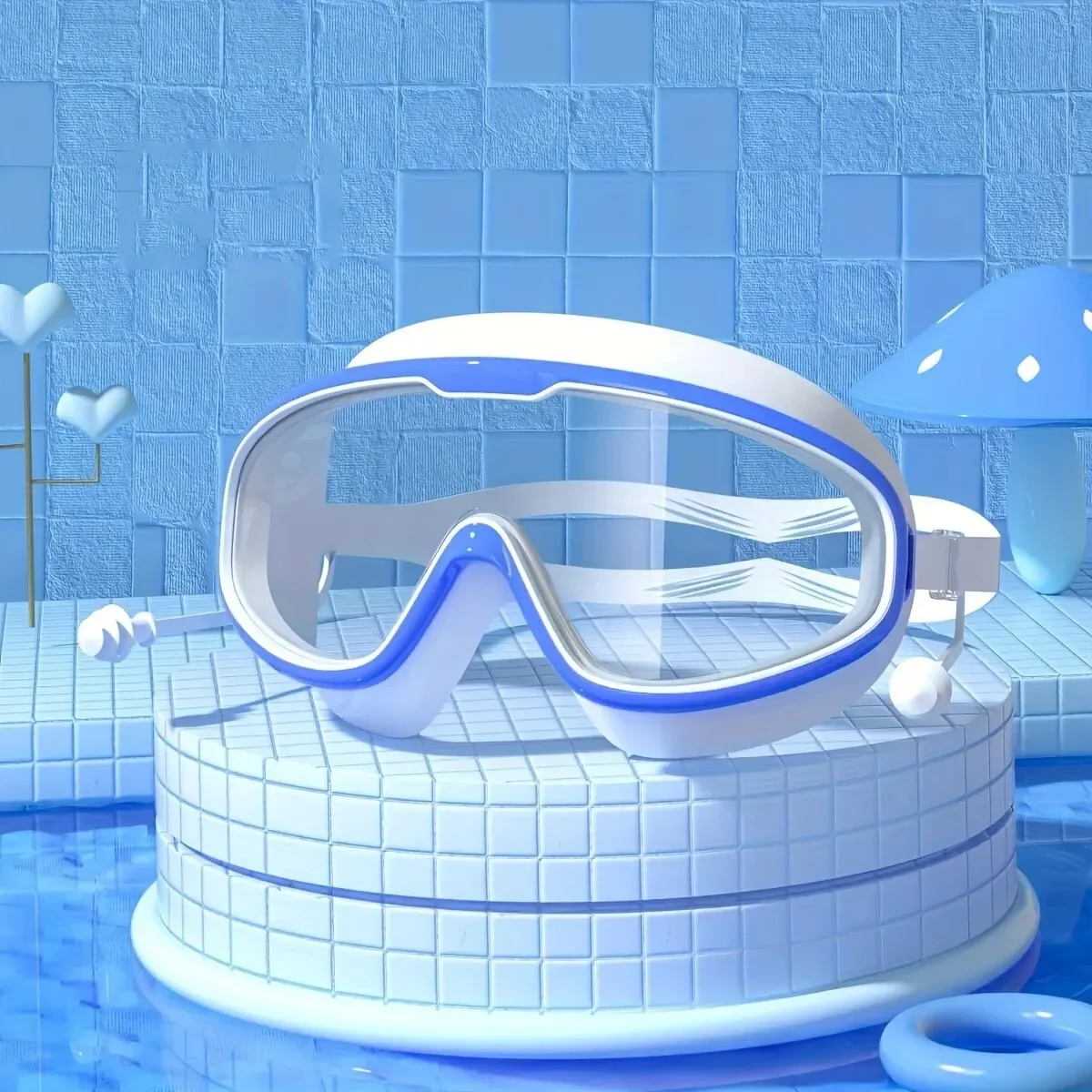 Vista frontal de las gafas de natación con montura grande y lentes ahumadas