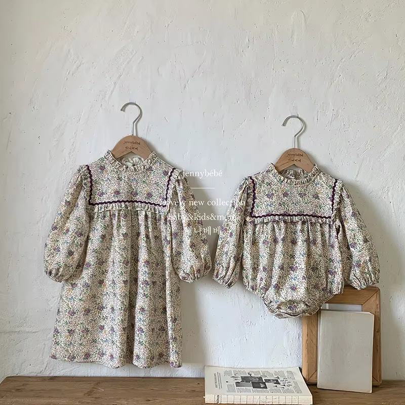 Vestido de primavera vintage para niñas con volantes florales