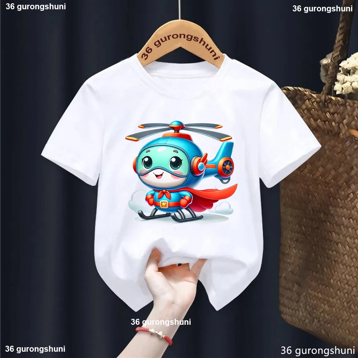 Camiseta unisex infantil de helicóptero kawaii con estampado para niños