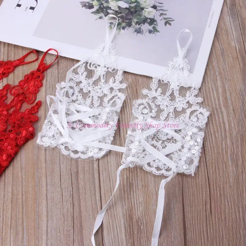 Guantes princesa de niña elásticos malla con lazo y perlas - imagen 4