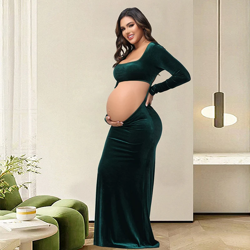 Vestido de terciopelo para fotos de maternidad con cuello cuadrado - imagen 2