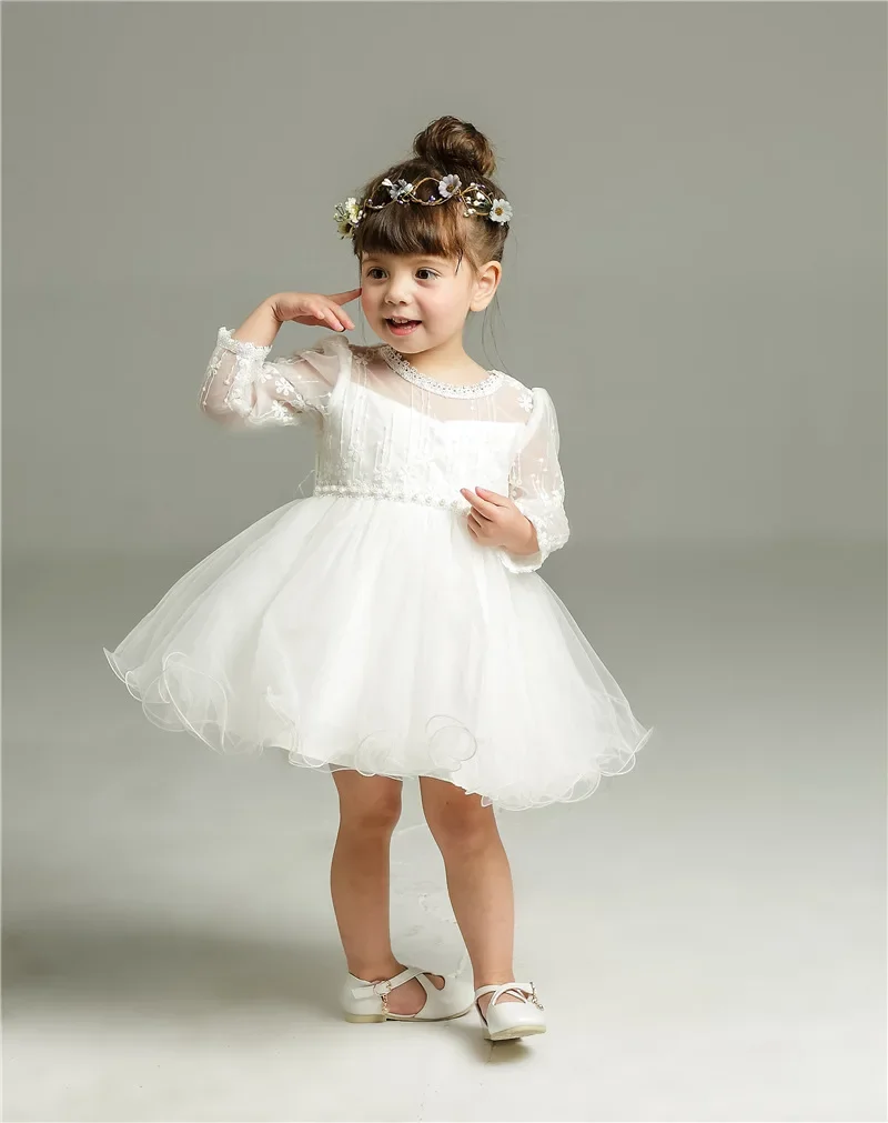 Vestido de bebé niña manga larga blanco para bautizo y fiesta