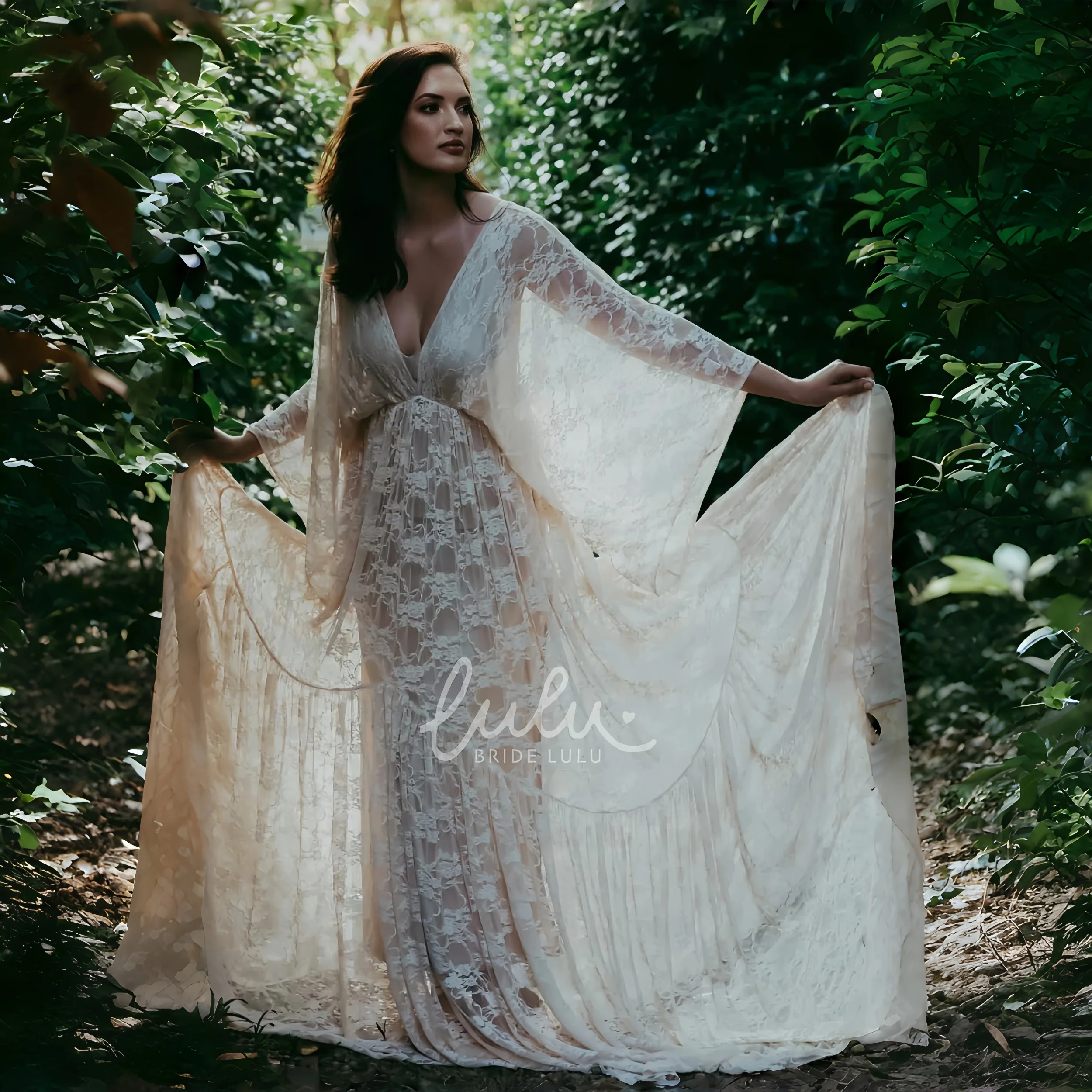 Vestido boho de maternidad con encaje y escote en V para fotos - imagen 4