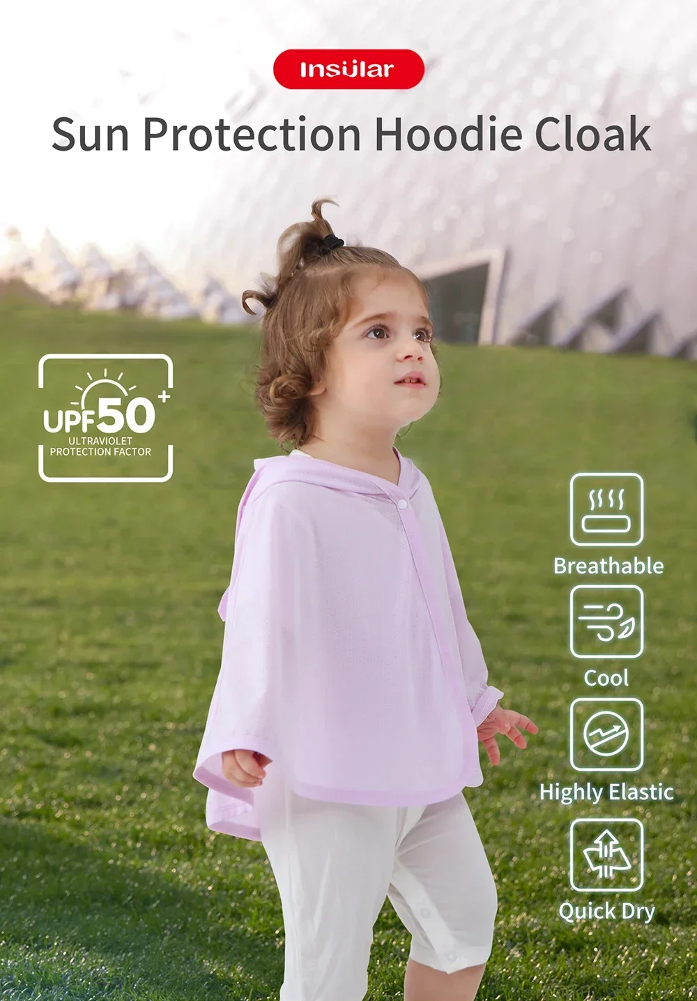 Capa con capucha de protección solar para niños mostrando el detalle de la capucha y el tejido Dacron