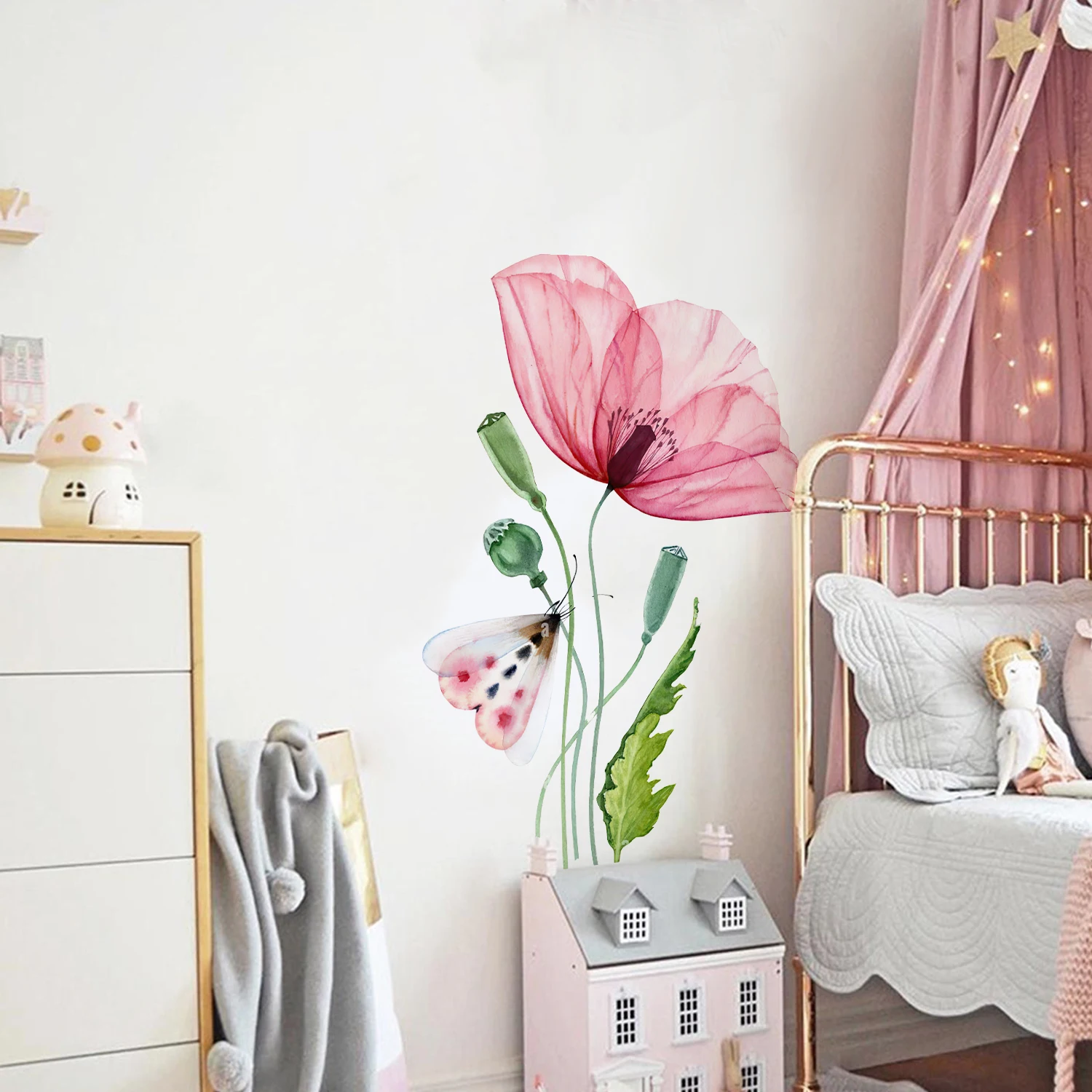 Vinilo decorativo pared acuarela con mariposas y hojas verdes - imagen 4