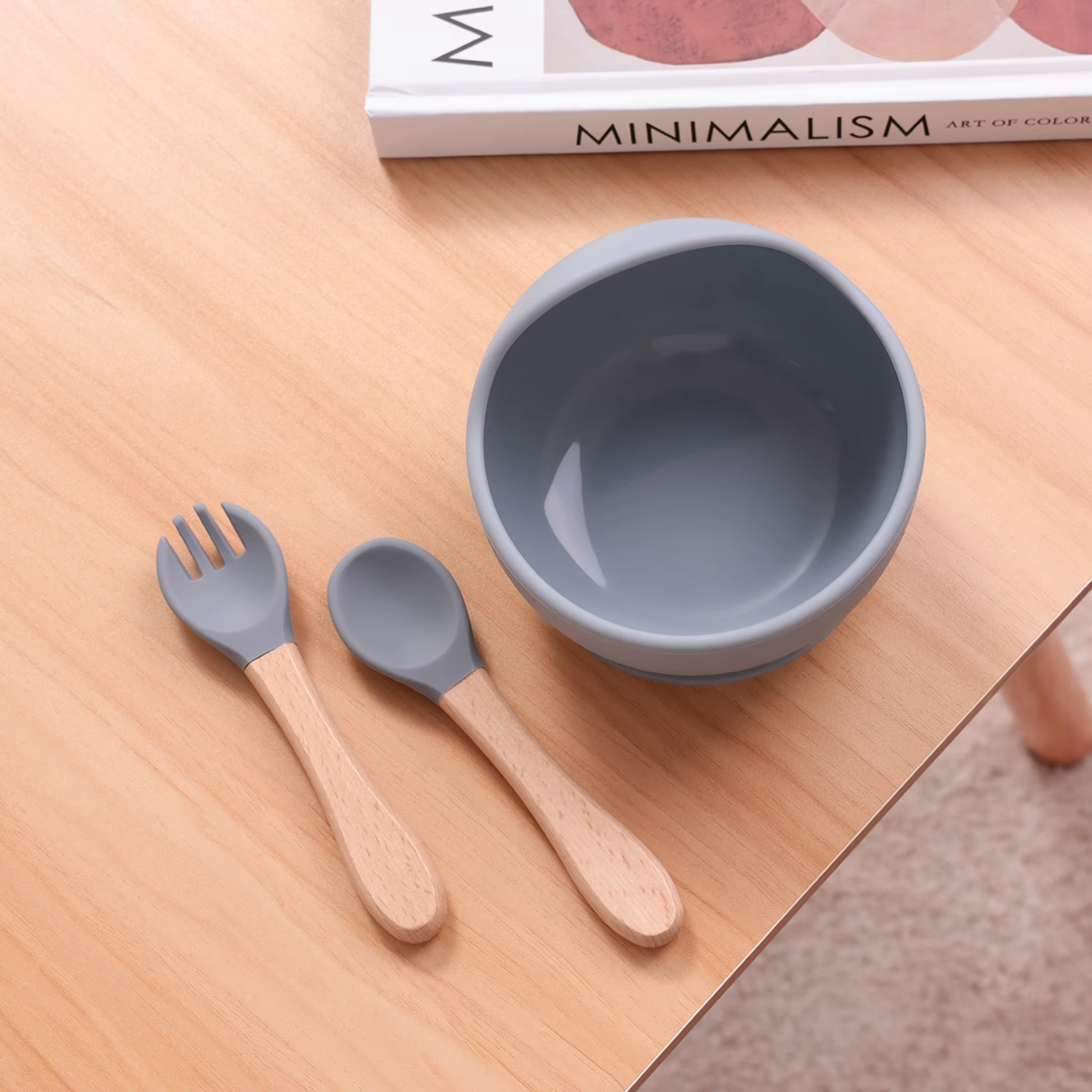 Juego alimentación bebé: tazón silicona ventosa, cubiertos de madera - imagen 2