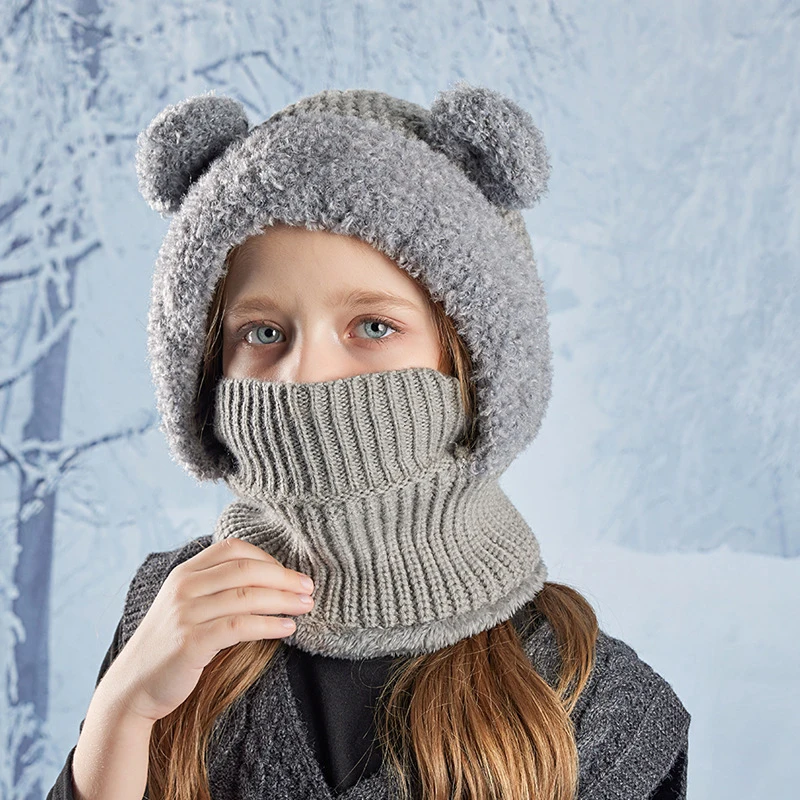 Gorro y bufanda de invierno con máscara de oso – Terciopelo para niño - imagen 3