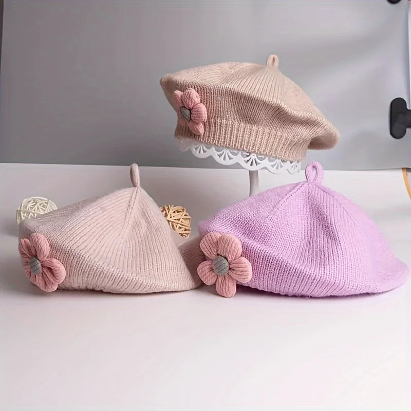 Gorro boina flores bebé punto cálido de invierno - imagen 2
